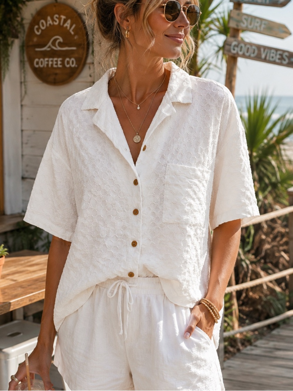 Free People White Textured Button Down Shirt Women’s L Boho Boxy Short Sleeve